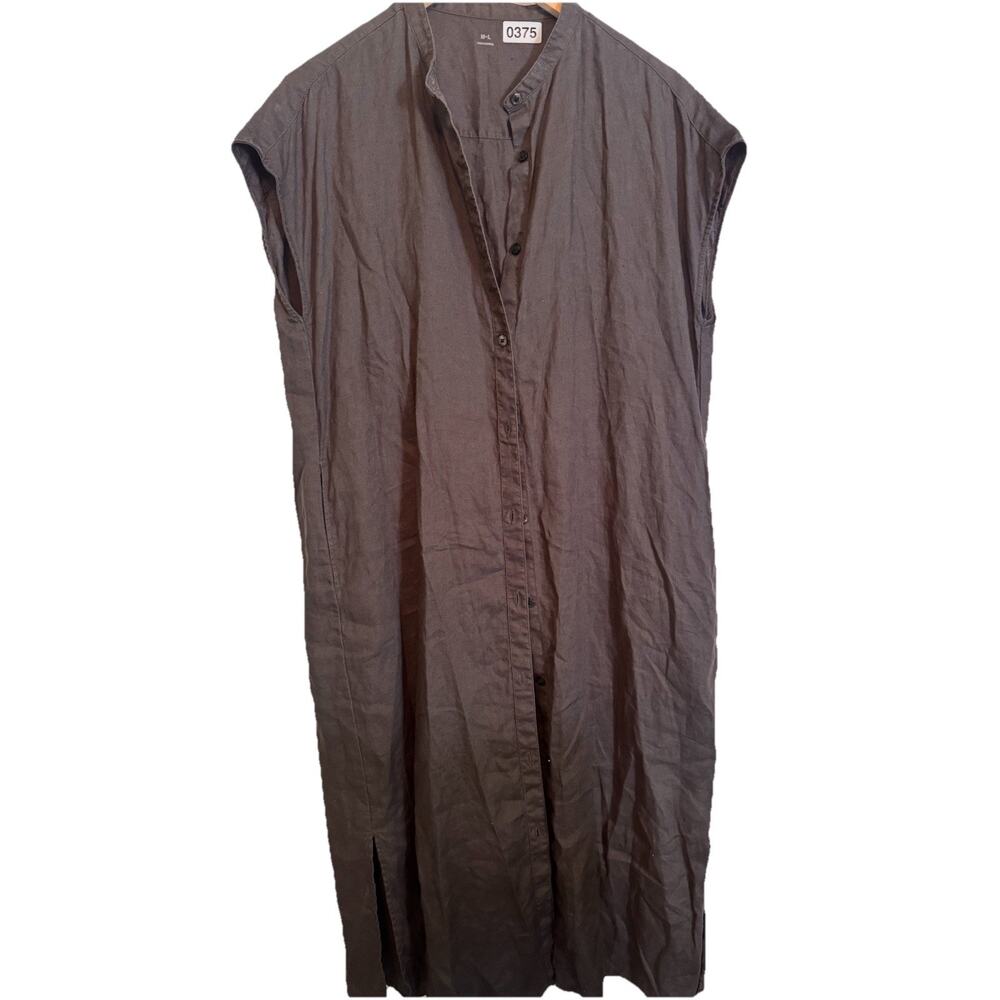 100% Linen M-L Grey Brown Button Down Shirt Tunic Dress Minimalist Coastal Pocke
